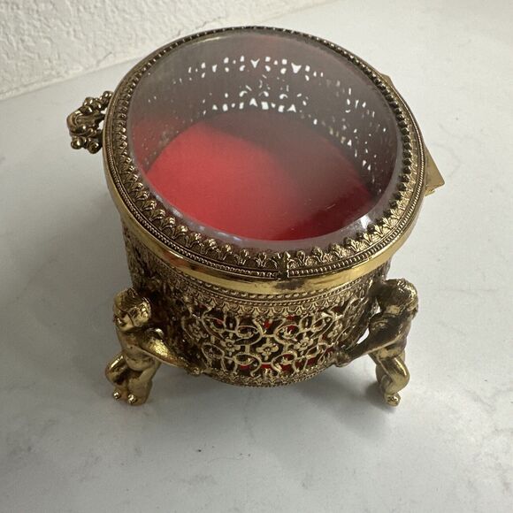 Vintage Ormulu Cherub Vanity Footed Jewelry Trinket Brass Box With Glass Top NIB - Picture 4 of 16